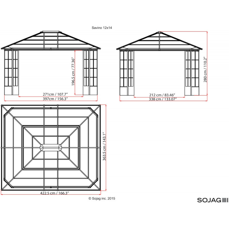 Pergola de jardin Savino 423x363cm en aluminium anthracite et polycarbonate 8mm – SOJAG – Image 9