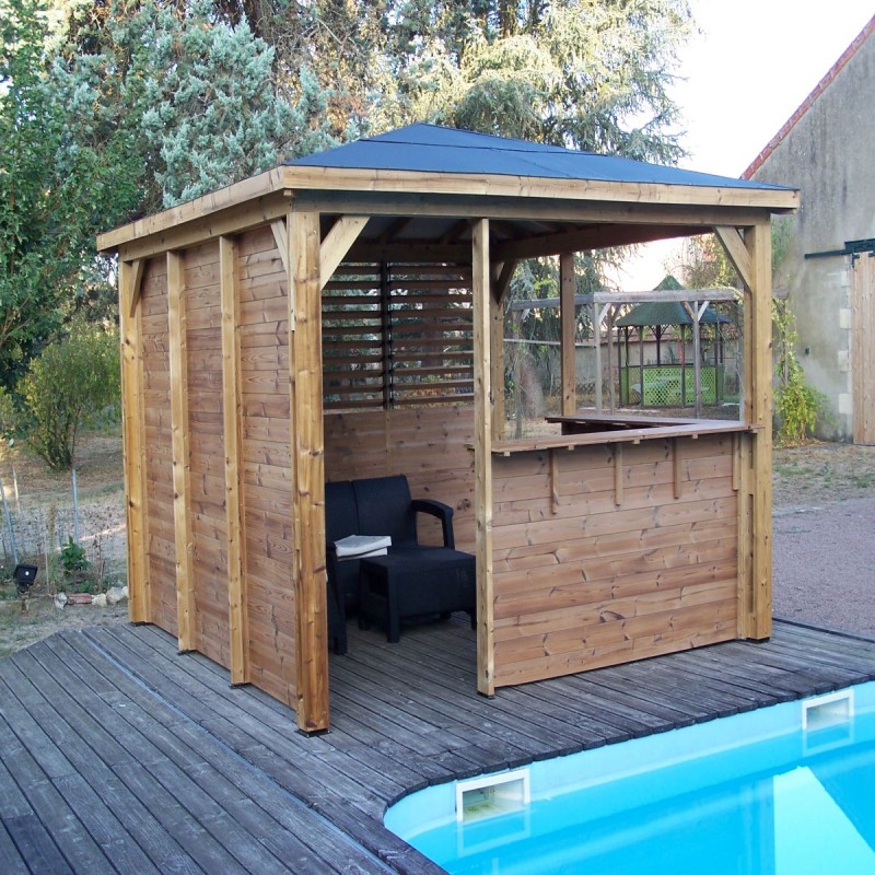 Pool house en bois thermo traité 12,32m² BLUETERM, 1 paroi mur plein, 1 paroi ventelles, 2 parois comptoirs – HABRITA – Image 7