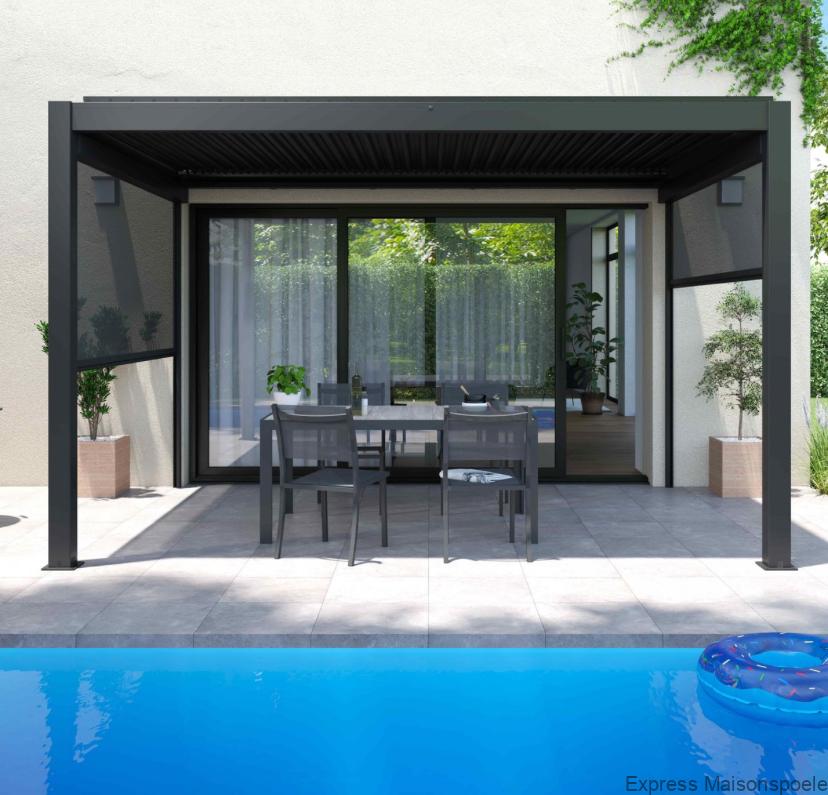 Pergola bioclimatique adossée 4x3m en aluminium blanc avec 1, 2 ou 3 stores, OIA – Image 3